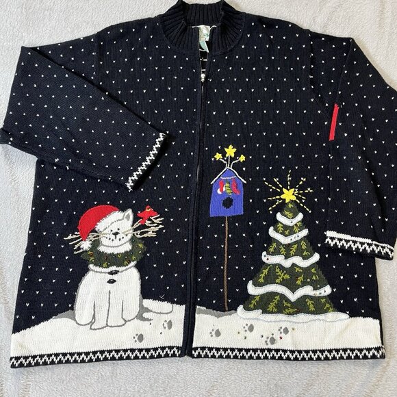 Vintage The Quacker Factory Women's Size 2X Christmas Cat ZIp Up Cardigan Bird - Picture 1 of 10